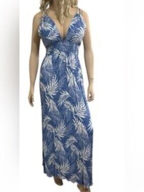 Timing Blue and White Palm-Print V-Neck Maxi Dress